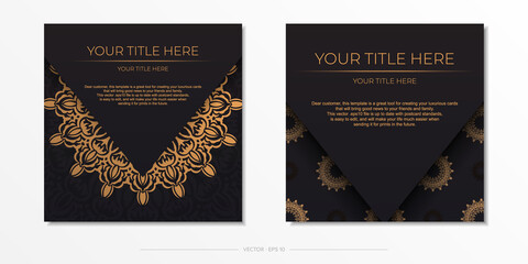 Luxurious Black color postcard template with vintage ornament. Print ready invitation design with mandala patterns.