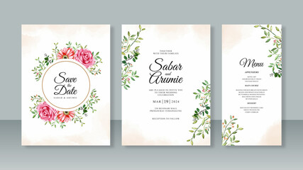Fototapeta na wymiar Set of wedding invitation card templates with watercolor painting of flowers and leaves