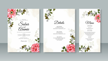Wedding card invitation set template with red rose watercolor painting