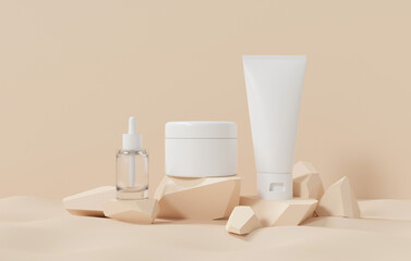 3d rendering of skin care beauty cosmetic product on beige background. White tube cream face, serum bottle.