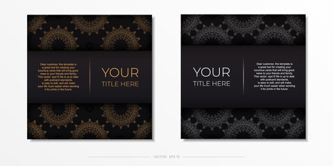 Luxurious Black color postcard template with vintage patterns. Print-ready invitation design with mandala