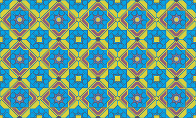 Geometric abstract pattern in bright yellow colors with shades of blue. Patterns for ceramic products.