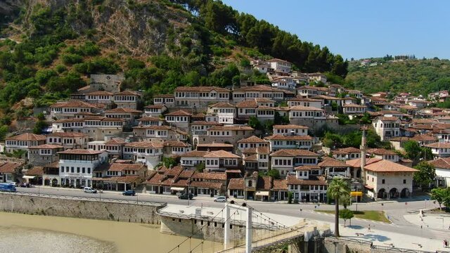 Dron view 4k of Berat, Albania, the city of a thousand windows. Bridge View.