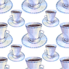 Seamless pattern watercolor blue porcelain cup with saucer of hot aromatic coffee for breakfast on white background. Energy beverage espresso or aroma tea. Creative art for cafe, menu, cafeteria