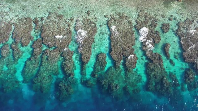 Cinematic slow descending 4k aerial video of coral reef of Utila island in Honduras. The Mesoamerican Barrier Reef. beautiful beach of the caribbean with coral views and cristal clear water.