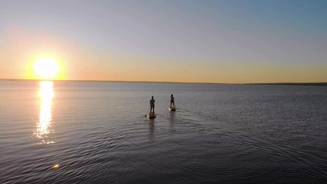 Women walk on the water on sup boards. Friends swim smoothly on the water of lake or sea and row with oars. Sunset or sunrise can be seen in the distance. Sun forms sunny path on water. Aerial view