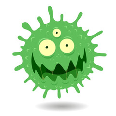 Angry green virus face cartoon image, germs illustration on white background.