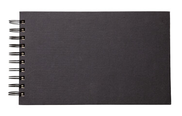 Black notepad on white color background, top view.