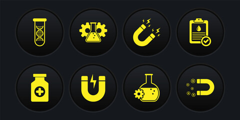 Set Medicine bottle, Clipboard with blood test, Magnet lightning, Bioengineering, and icon. Vector