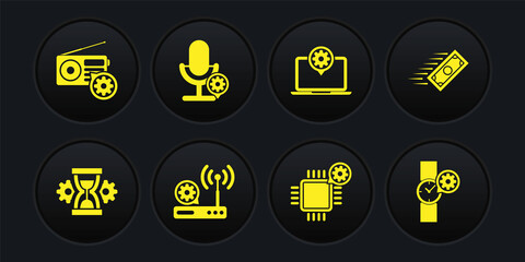 Set Hourglass setting, Fast payments, Router and wi-fi, Processor, Laptop and Microphone icon. Vector