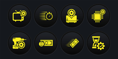 Set Drill machine setting, Processor, Fast payments, , Toaster and Stopwatch icon. Vector