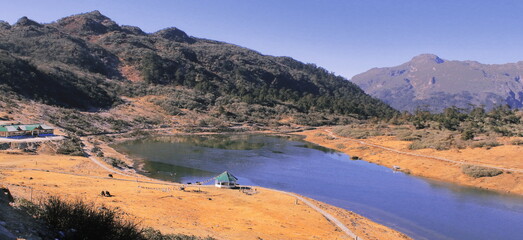 scenic view of beautiful PT tso lake and alpine meadow in tawang district of arunachal pradesh,...