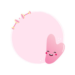 Cute cartoon style rose quartz gua sha beauty tool character round frame, card template, background for massage and beauty treatment design.