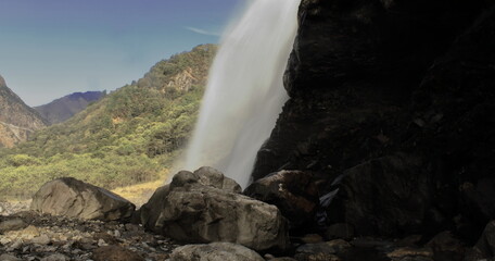 beautiful nuranang or jang falls (bong bong waterfalls) is one of the most popular tourist place in tawang in arunacha pradesh, india - obrazy, fototapety, plakaty