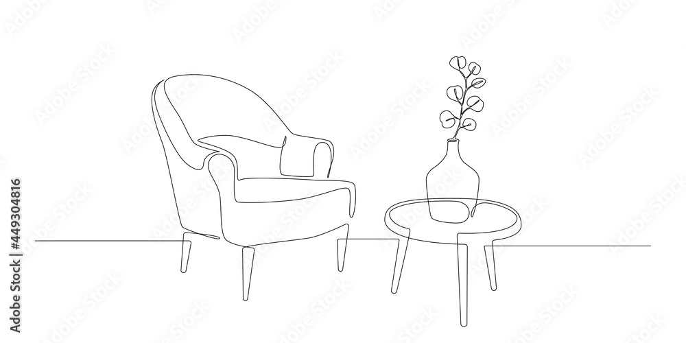 Wall mural continuous one line drawing of armchair and table with vase with plant. scandinavian modern furnitur - Wall murals