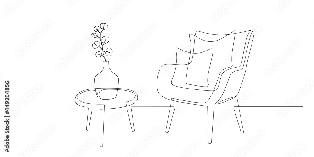 Poster continuous one line drawing of armchair and table with vase with plant. scandinavian stylish furnitu