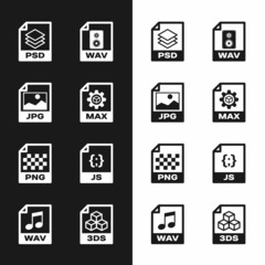 Set MAX file document, JPG, PSD, WAV, PNG and JS icon. Vector
