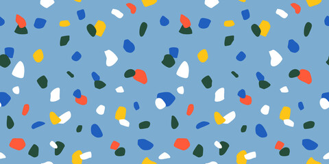 Terrazzo seamless pattern in bright primary colors with abstract mosaic stone shapes. Retro terrazo minimalist art background ideal for print, fashion or trendy design project.
