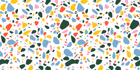 Terrazzo seamless pattern in bright primary colors with abstract mosaic stone shapes. Retro terrazo minimalist art background ideal for print, fashion or trendy design project.