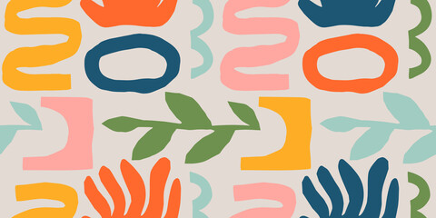 Abstract matisse inspired seamless pattern with colorful freehand doodles. Organic flat cartoon background, simple random cutout shapes in bright childish colors. 