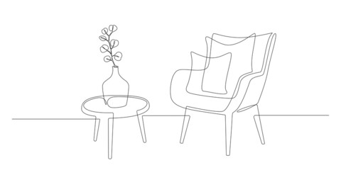 Continuous one line drawing of armchair and table with vase with plant. Scandinavian stylish furniture in simple Linear style. Doodle vector illustration © Olga Rai