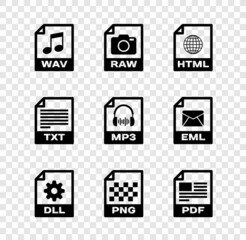 Set WAV file document, RAW, HTML, DLL, PNG and PDF icon. Vector