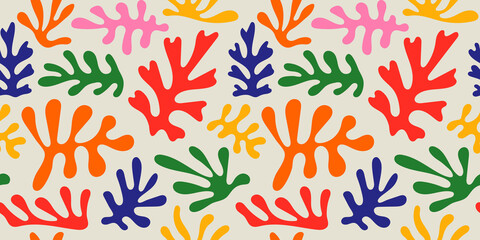 Abstract leaf cutout shapes seamless pattern. Trendy colorful freehand leaves background design. Matisse inspired decoration wallpaper, childish nature symbols.