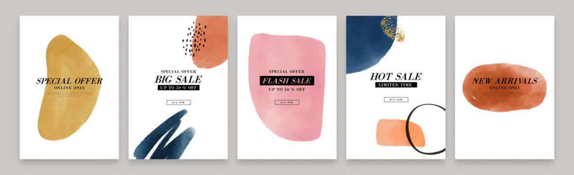 Trendy sale template collection with minimalist style watercolor organic shape background. Fashion store discount promotion flyers for special online offer event. Abstract business ad set.
