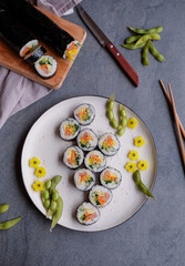 Homemade Korean rice roll. Kimbap or Gimbap Rice Roll. Delicious and healthy light meal, ideal for...