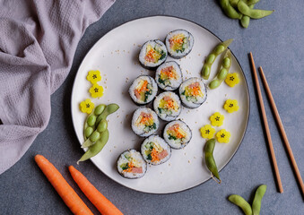 Homemade Korean rice roll. Kimbap or Gimbap Rice Roll. Delicious and healthy light meal, ideal for...