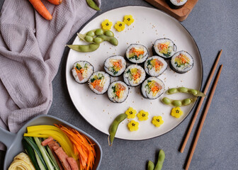 Homemade Korean rice roll. Kimbap or Gimbap Rice Roll. Delicious and healthy light meal, ideal for...