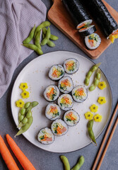 Homemade Korean rice roll. Kimbap or Gimbap Rice Roll. Delicious and healthy light meal, ideal for people on diet and weight watcher