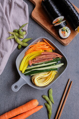 Homemade Korean rice roll. Kimbap or Gimbap Rice Roll. Delicious and healthy light meal, ideal for...