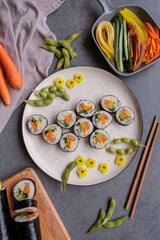 Homemade Korean rice roll. Kimbap or Gimbap Rice Roll. Delicious and healthy light meal, ideal for people on diet and weight watcher