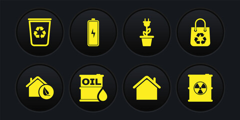Set Eco friendly house, Shopping bag with recycle, Oil barrel, House, Electric saving plug pot, Battery, Radioactive waste and Recycle bin icon. Vector