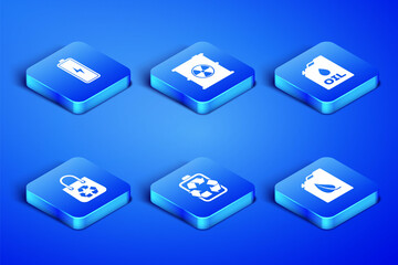 Set Bio fuel canister, Battery, with recycle, Shopping bag, Radioactive waste barrel and Canister machine oil icon. Vector