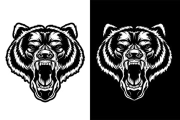 Angry bear face vector illustration. Furious angry face of bear with open mouth and terrible teeth as symbol of strength and aggressiveness. Grunge style  print for sport wear. 