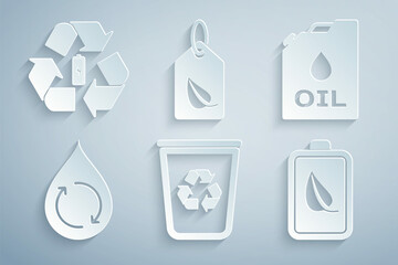 Set Recycle bin with recycle, Canister machine oil, clean aqua, Eco nature leaf and battery, Tag and Battery icon. Vector