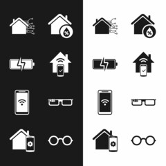 Set Smart home remote control system, Battery, House humidity, Mobile with wi-fi wireless, glasses, Glasses and icon. Vector