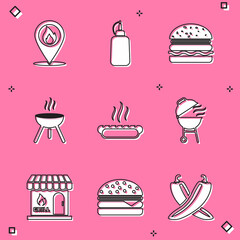 Set Location with fire flame, Mustard bottle, Burger, Barbecue grill, Hotdog sandwich, shopping building and icon. Vector