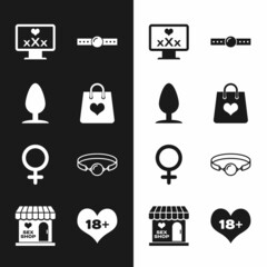 Set Shopping bag with heart, Anal plug, Monitor 18 plus content, Silicone ball gag, Female gender symbol, and Sex shop building icon. Vector