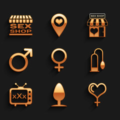 Set Female gender symbol, Anal plug, and heart, Penis pump, Sex tv old television, Male, shop building and icon. Vector