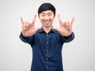 Asian man cheerful show double love hand happy smile white background