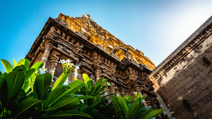 Fototapeta premium Entrance tower ( Gopuram) of Varadharaja Perumal Temple and Lord Atthi Varadar Perumal god statue inside the pond, Kanchipuram, Tamil Nadu, South India - Religion and Worship scenario image
