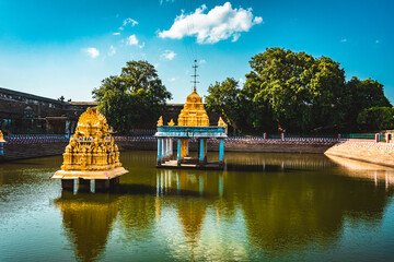 The Great Pond of Varadharaja Perumal Temple and Lord Atthi Varadar Perumal god statue inside the...