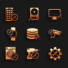 Set Database server service, Drill machine, Wrench and screwdriver gear, Security camera, Washer, Smartwatch, Computer monitor and Mobile Apps icon. Vector