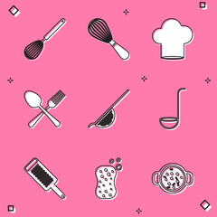 Set Kitchen whisk, Chef hat, Crossed fork and spoon, colander, ladle, Grater and Sponge with bubbles icon. Vector