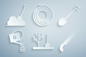 Set Planting tree in the ground, Garden shovel, Watering can, saw, hose or fire hose and Shovel icon. Vector