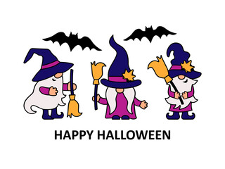 Three gnomes with witch hats and brooms on white background. Happy Halloween. Vector illustration.