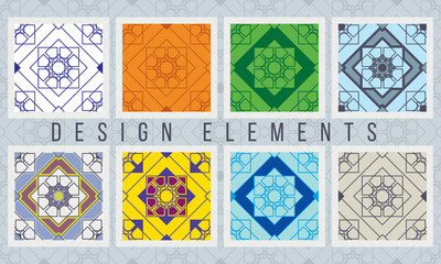 Variants of a geometric abstract pattern in different color compositions. A set of patterns for ceramic products